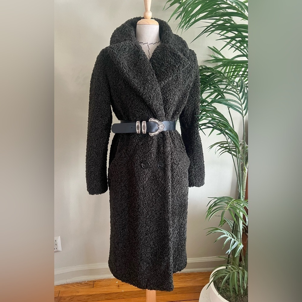 ZARA Long Teddy Coat – Size XS – Military Green – Faux Sherpa Look